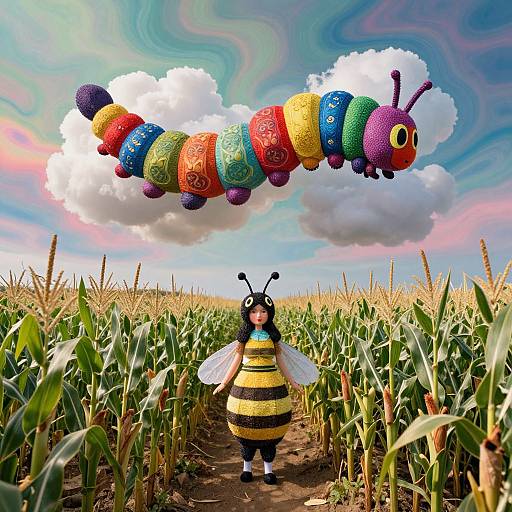 Photograph of a colorful, cartoon bee with striped body and wings, standing in a cornfield, with a whimsical, multicolored caterpillar
