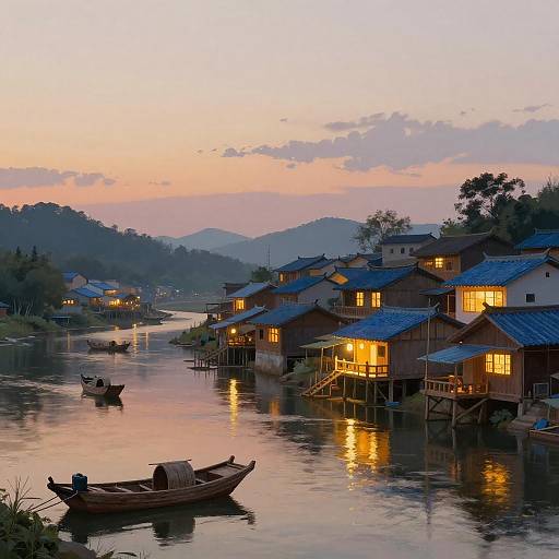 Serene Sunset in a Traditional Fishing Village