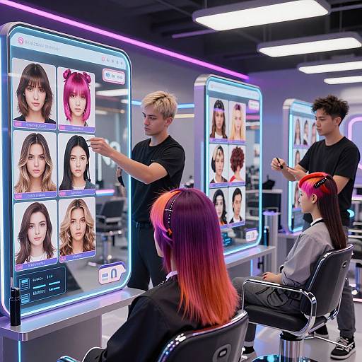 Photograph of a modern beauty salon with neon lights, four stylists, and clients using digital screens displaying various women's hair images.