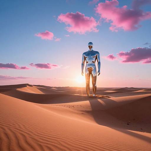 Photograph of a mirrored figure walking in a sunlit desert at sunset, with pink clouds in a vibrant blue sky.