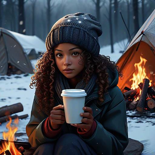 Photograph-style digital art of a curly-haired young woman with dark skin, wearing a gray beanie and coat, holding a white coffee cup, sitting