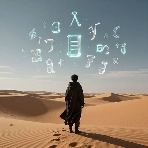 Cyberpunk Linguist in Desert with Floating Glyphs