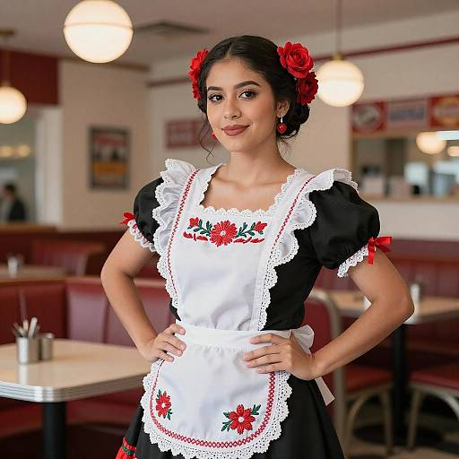 Confident Mexican Waitress in Diner