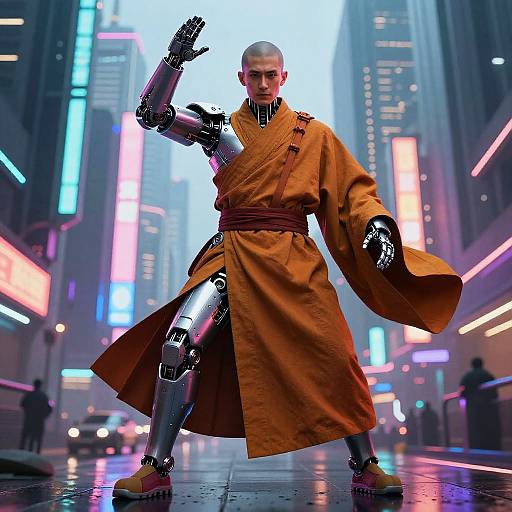 Futuristic Cyber-Monk in Neon Megalopolis