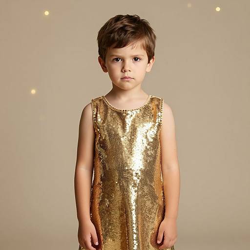 Photograph of a young boy with short brown hair, wearing a shiny gold sequin sleeveless dress, standing against a plain beige background with small,