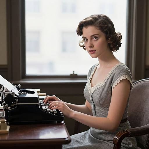 Photograph of a 1940s-style woman with curly brown hair, wearing a grey dress with white lace trim, typing on an old-fashioned black