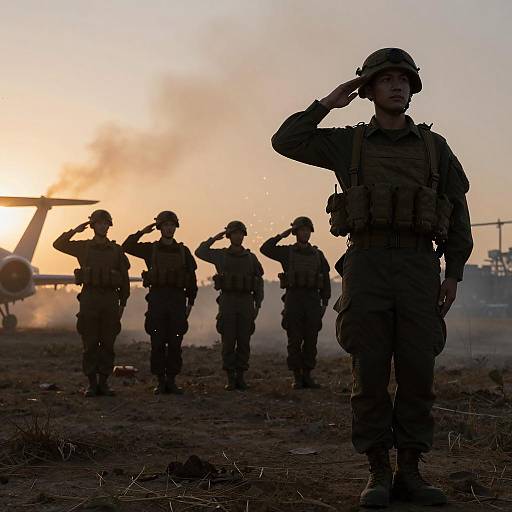 Silhouetted Soldiers at Sunset with Sparks