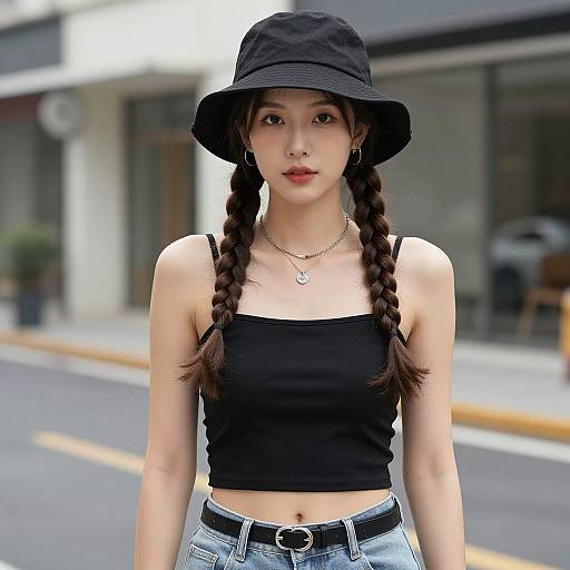Asian woman with braided hair, black bucket hat, black crop top, blue jeans, standing on urban street, daytime, photo-realistic.