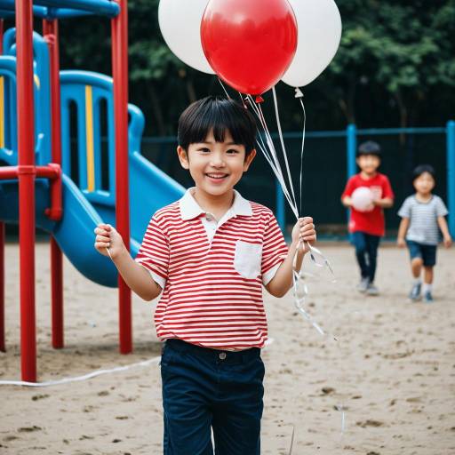 Smiling Korean Boy Holding Balloons at Playground