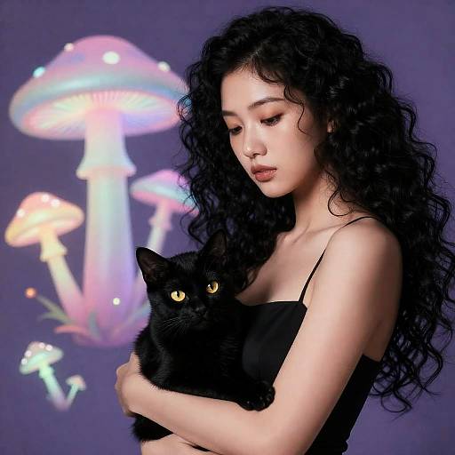 Psychedelic Girl with Neon Mushroom Kitten