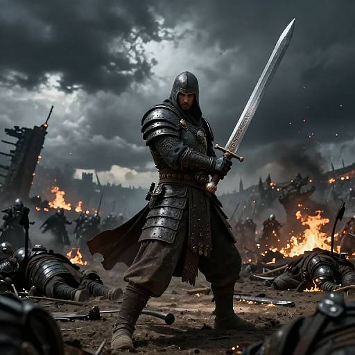 Dark fantasy warrior in metallic armor, helmet, and long cloak, holds a glowing sword, stands amidst burning wreckage and debris under stormy sky.