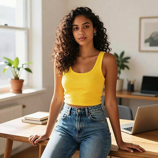 Photograph of a curly-haired woman with medium brown skin, wearing a yellow tank top and high-waisted blue jeans, leaning on a sunlit
