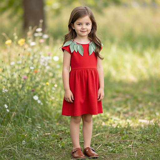 Photograph of a young girl with long brown hair, wearing a red dress with green leaf-shaped neckline, brown shoes, standing in a sunlit,