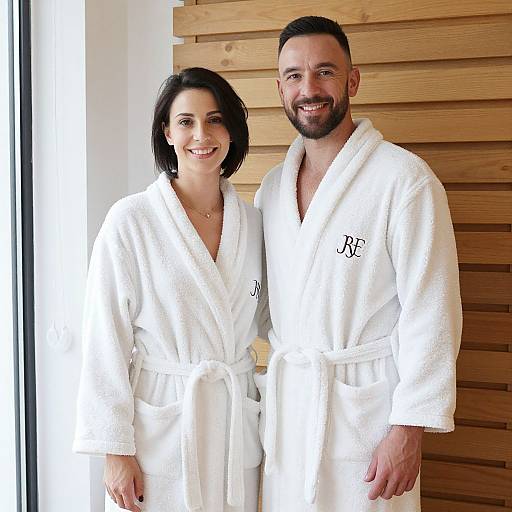Photograph of a smiling couple in white bathrobes with embroidered initials 