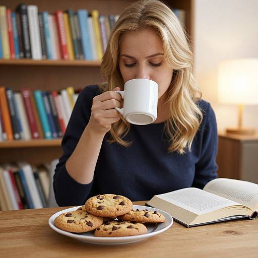 Blonde woman in navy sweater, sipping from white mug, sits at wooden table with chocolate chip cookies and open book, surrounded by colorful booksh
