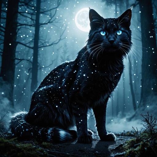 Mystical Black Cat with Glowing Blue Eyes in Enchanted Forest