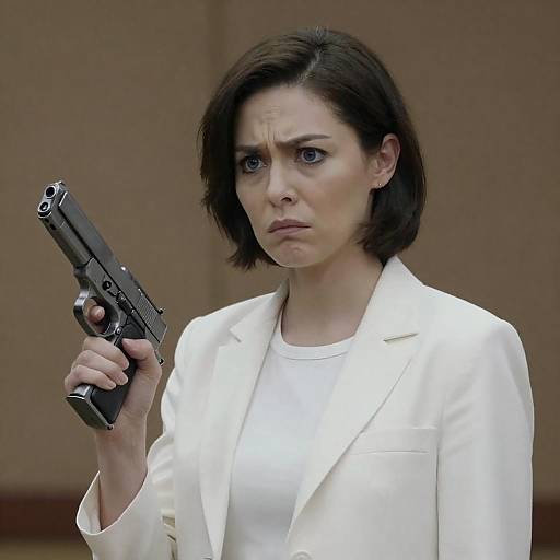 Concerned Woman with Gun in Jacket