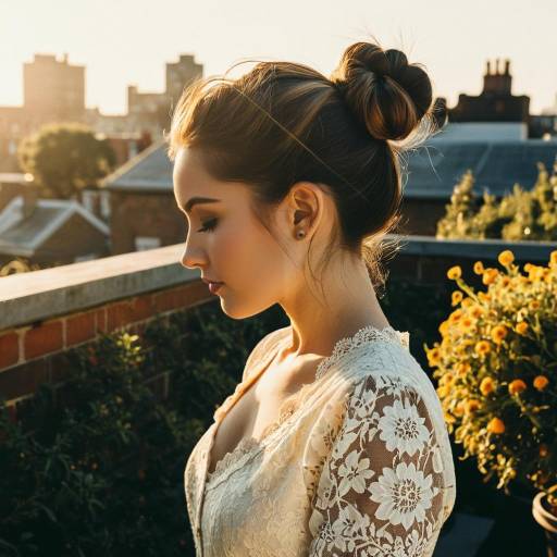 Young Woman with Side Bun in Vintage Lace Dress on Rooftop Garden