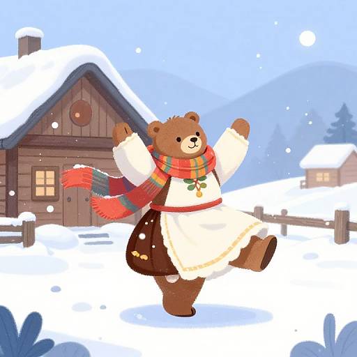 Cartoon bear in winter outfit, red scarf, brown shorts, white dress, joyfully dancing in snowy village with wooden house. Bright, cheerful,