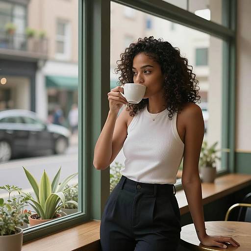Café Portrait: Woman with Coffee at Window