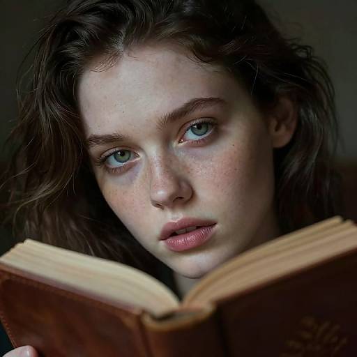 Photograph of a young, fair-skinned woman with wavy brown hair, freckles, blue eyes, and pink lips, intently reading