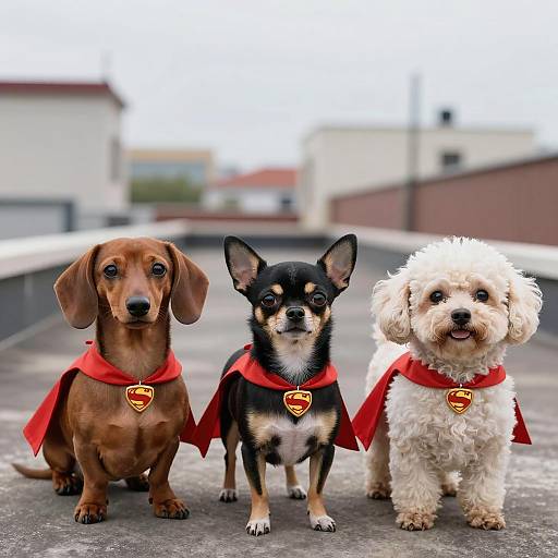 Three Small Dogs Wearing Superhero Capes