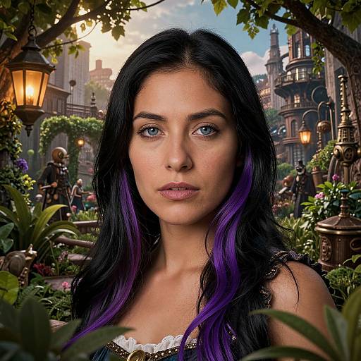 Photograph-style digital portrait of a young woman with long black and purple hair, blue eyes, wearing a laced top, in a vibrant, detailed