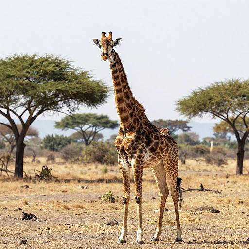 Photograph of a tall giraffe with patterned brown and white fur standing in a sunlit African savanna with acacia trees in the background.
