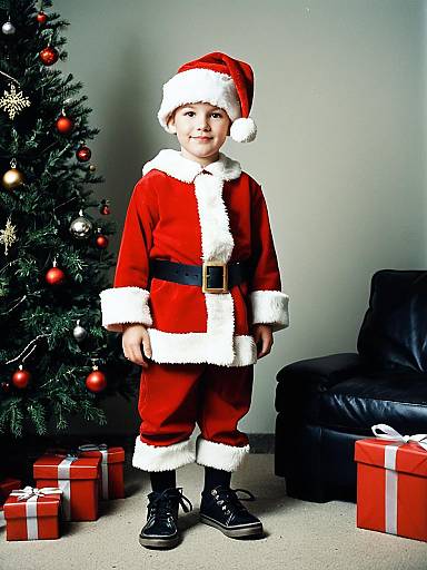 Boy in Santa Costume Standing by Christmas Tree