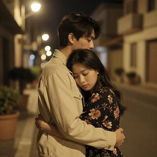 Couple Embracing on Dimly Lit Street at Night