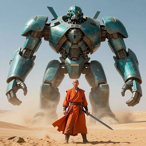 Photorealistic CGI of a Jedi in an orange robe standing before a towering, teal metal robot in a desert, holding a lightsaber.