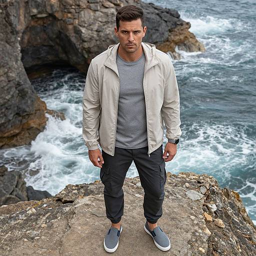 Photograph of a muscular, bearded man with short brown hair, wearing a white jacket, gray shirt, black pants, and gray sneakers, standing