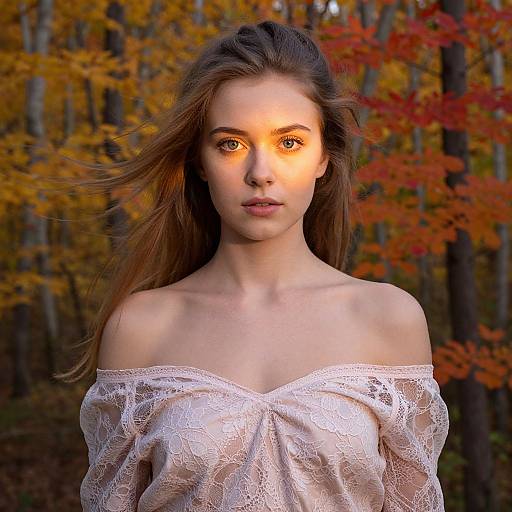 Photograph of a young woman with long brown hair, fair skin, and piercing eyes, wearing a white lace off-shoulder top, standing in