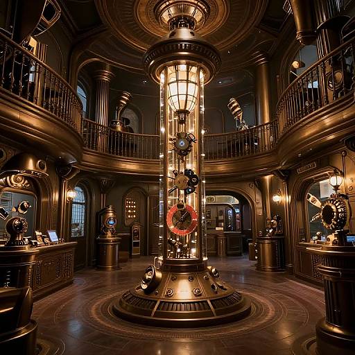 Photograph of a dimly lit, ornate, steampunk-style museum with brass fixtures, vintage clockwork machinery, and a central illuminated column