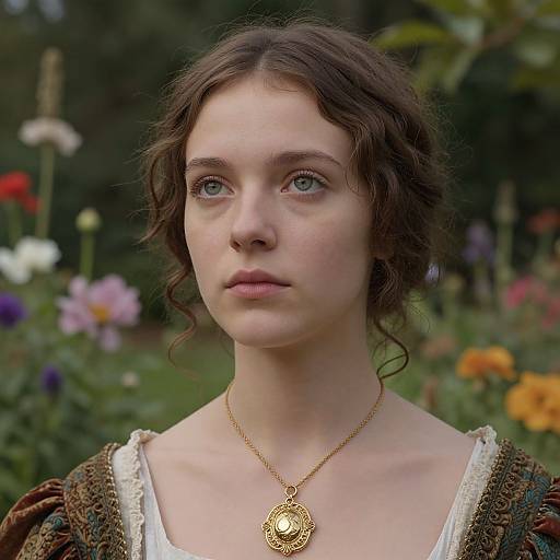 Photograph of a young, fair-skinned woman with wavy brown hair, wearing a gold necklace and Victorian-style dress, standing in a colorful garden