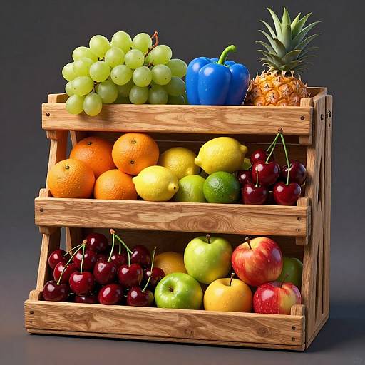 Photograph of a wooden three-tiered crate filled with vibrant fruits: green grapes, blue bell pepper, pineapple, oranges, lemons, cherries