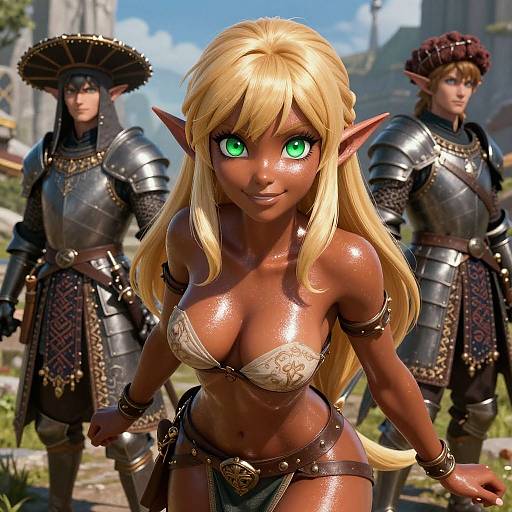CGI fantasy image of a sexy, dark-skinned, blonde elf woman with green eyes, wearing a white lace bra and leather armor, flanked
