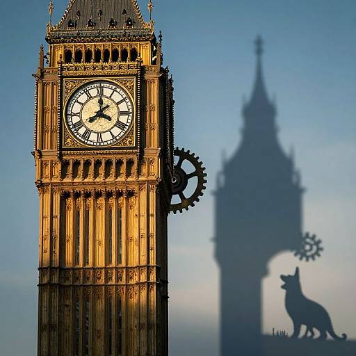 Photograph of Big Ben clock tower with golden sunlight, shadow of clock face and lion statue, gears in shadow, clear blue sky background.