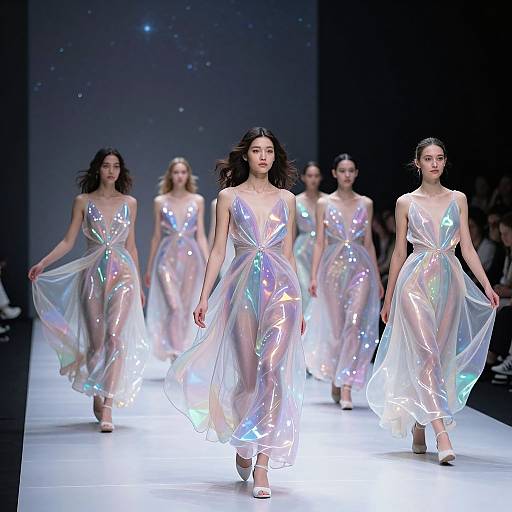 Photograph of six women walking a runway in iridescent, transparent dresses with colorful holographic patterns, set against a starry black background.