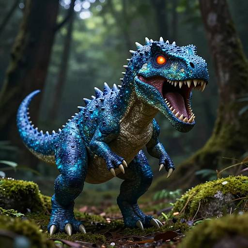 Photorealistic CGI of a blue, spiked, dinosaur-like creature with glowing red eyes and sharp teeth, standing in a dark, mossy forest.