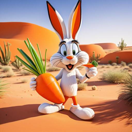 Cartoon Bunny Holding Giant Carrot in Desert