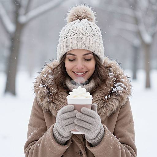 Photograph of smiling woman in winter coat, white knit hat, and gloves, holding cup of hot cocoa in snowy forest.