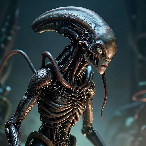 Photorealistic CGI of a shiny, black, alien creature with a sleek, elongated head, intricate metallic textures, and glowing yellow eyes, set