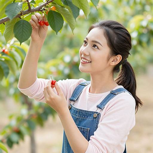 Photograph of a smiling Asian woman with black hair in a ponytail, wearing denim overalls and a white shirt, picking red cherries from a