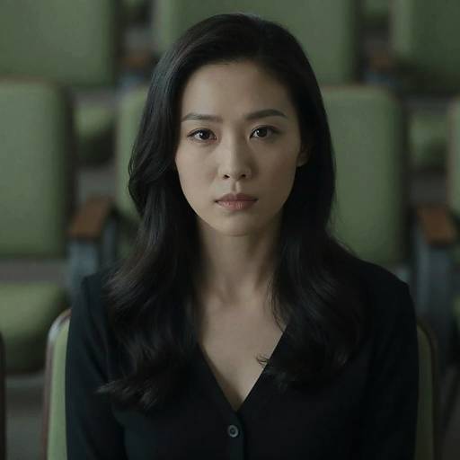Photograph of an East Asian woman with long black hair, wearing a black button-up shirt, sitting in a green and gray classroom. She has a