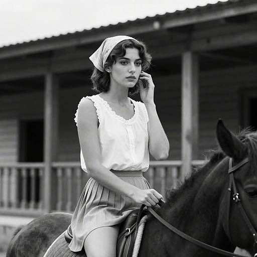 Black and White Portrait of Woman on Horse