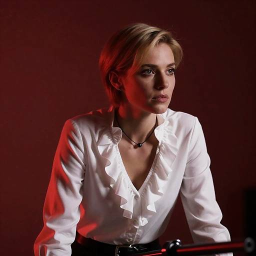 Woman in White Blouse with Red Lighting