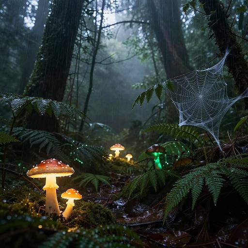 Mystical Rainy Forest with Glowing Flora