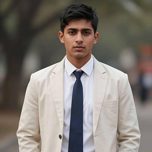 Photograph of a young Indian man with short black hair, medium skin tone, wearing a white suit, white shirt, and black tie, standing outdoors
