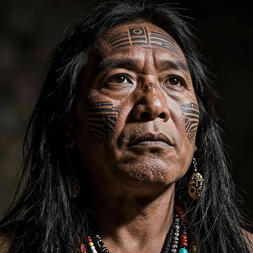 Photograph of an Indigenous woman with long black hair, dark skin, and traditional black face paint, wearing beaded earrings, looking serious against a dark
